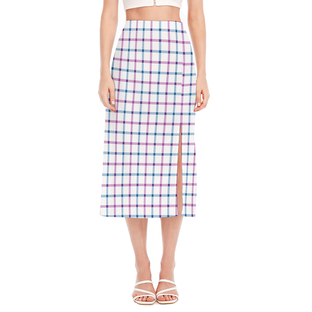 Blue And Purple Tattersall Pattern Print Side Slit Midi Skirt