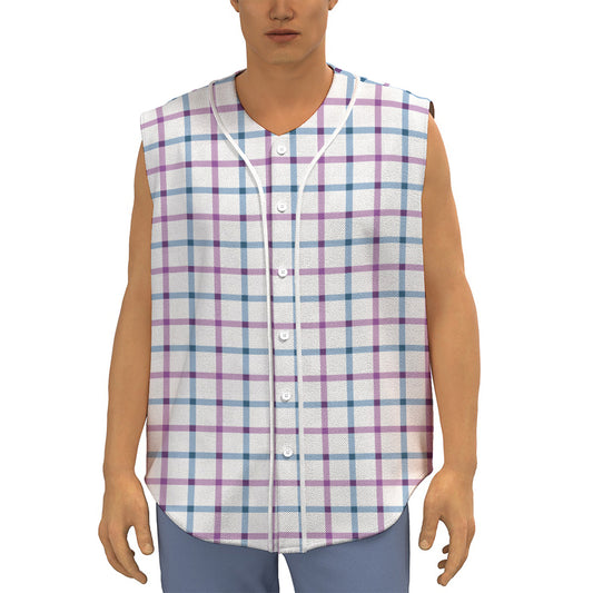 Blue And Purple Tattersall Pattern Print Sleeveless Baseball Jersey