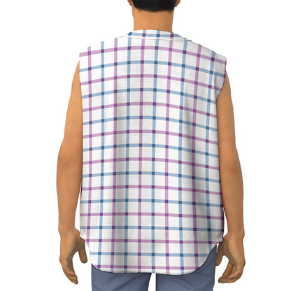 Blue And Purple Tattersall Pattern Print Sleeveless Baseball Jersey