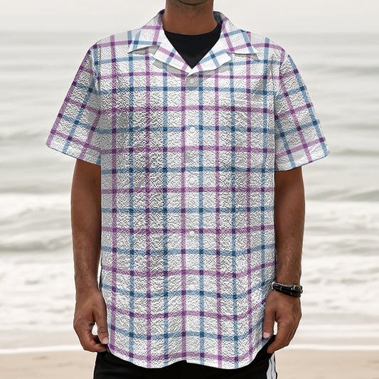 Blue And Purple Tattersall Pattern Print Textured Short Sleeve Shirt