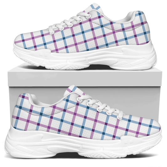 Blue And Purple Tattersall Pattern Print White Chunky Shoes