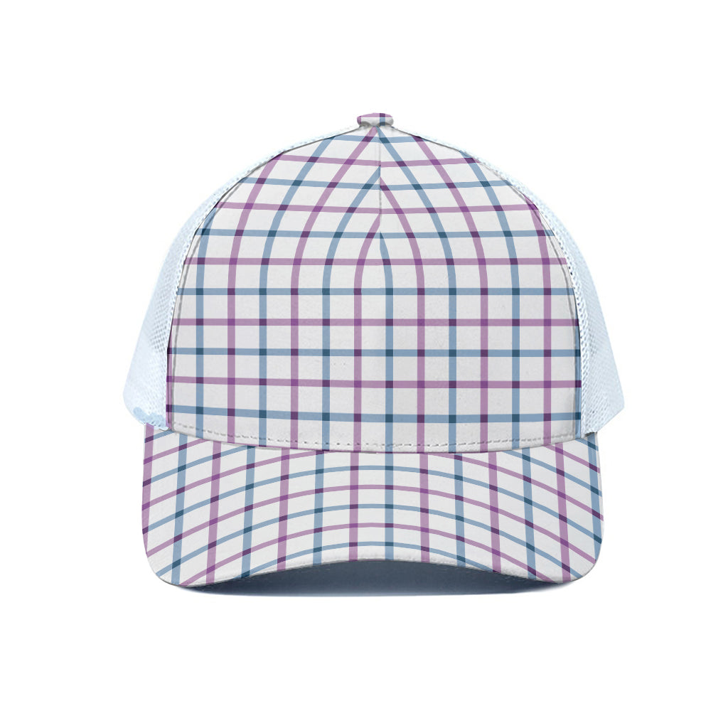 Blue And Purple Tattersall Pattern Print White Mesh Trucker Cap
