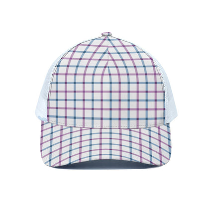 Blue And Purple Tattersall Pattern Print White Mesh Trucker Cap