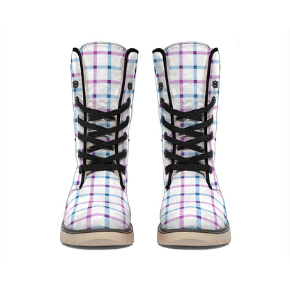 Blue And Purple Tattersall Pattern Print Winter Boots
