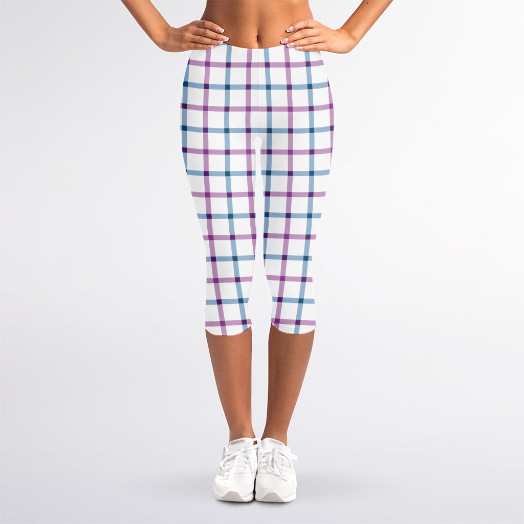Blue And Purple Tattersall Pattern Print Women's Capri Leggings