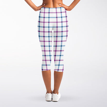 Blue And Purple Tattersall Pattern Print Women's Capri Leggings