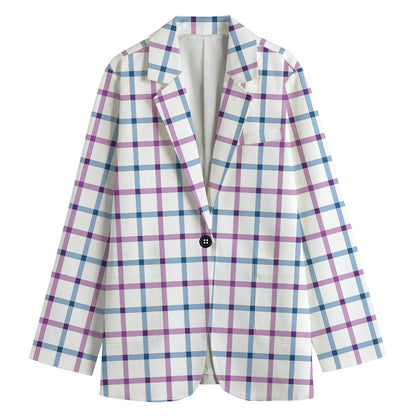 Blue And Purple Tattersall Pattern Print Women's Cotton Blazer