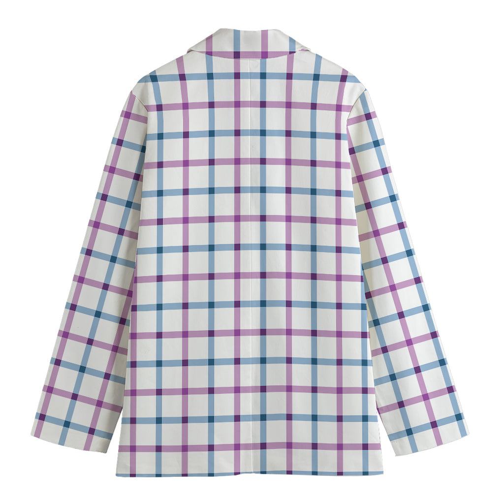 Blue And Purple Tattersall Pattern Print Women's Cotton Blazer