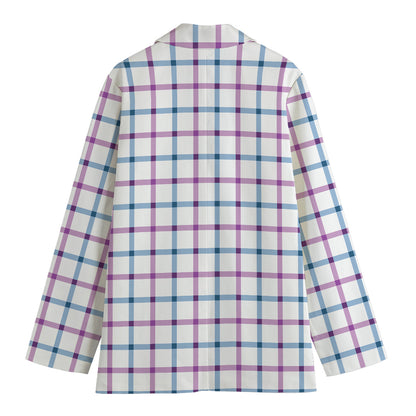 Blue And Purple Tattersall Pattern Print Women's Cotton Blazer