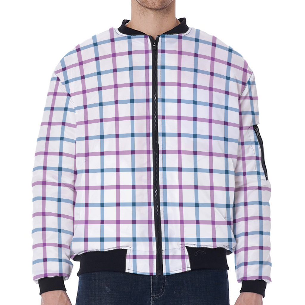 Blue And Purple Tattersall Pattern Print Zip Sleeve Bomber Jacket