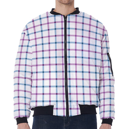 Blue And Purple Tattersall Pattern Print Zip Sleeve Bomber Jacket