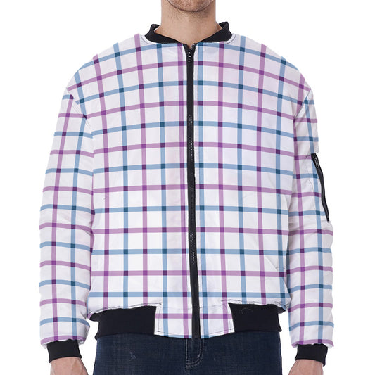 Blue And Purple Tattersall Pattern Print Zip Sleeve Bomber Jacket