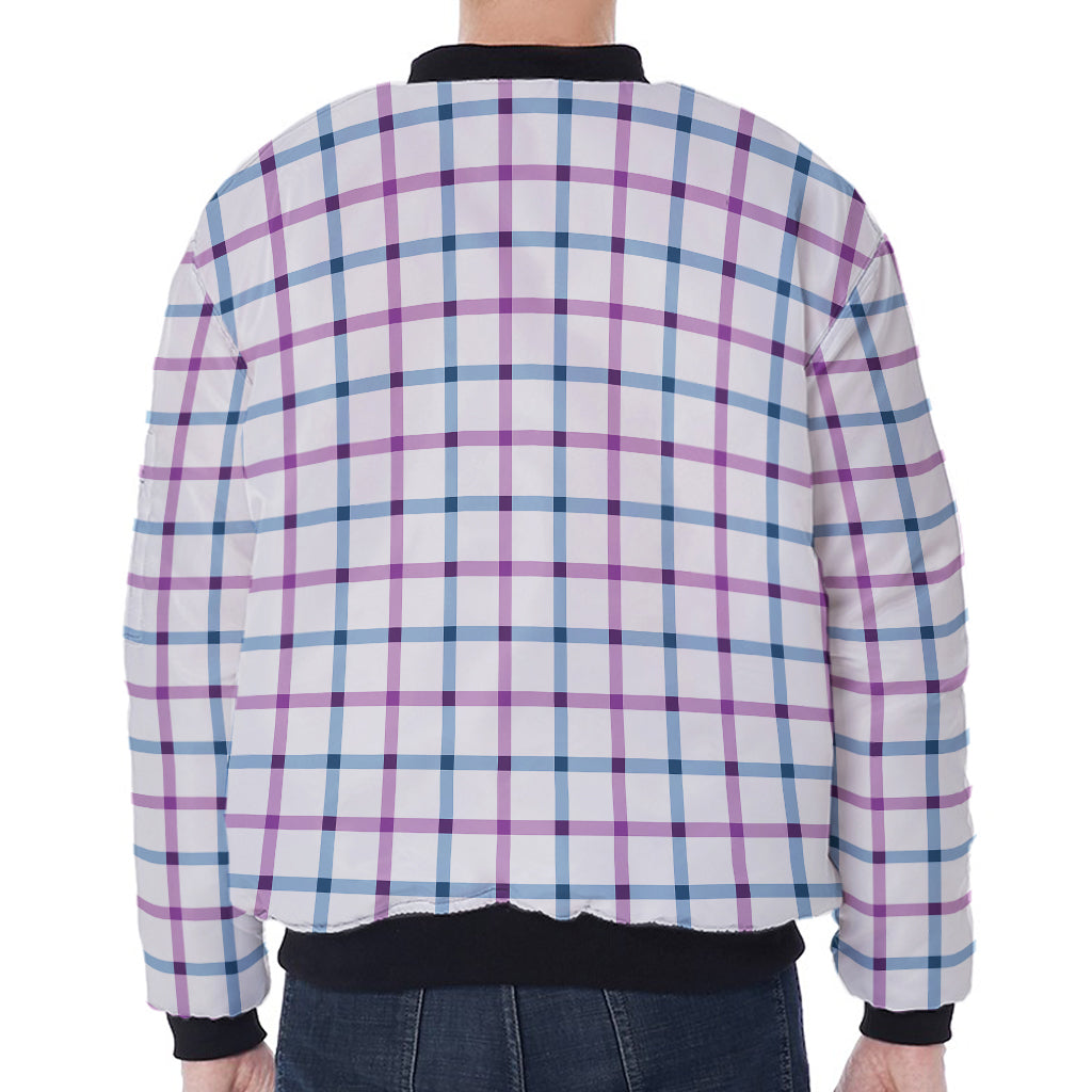 Blue And Purple Tattersall Pattern Print Zip Sleeve Bomber Jacket