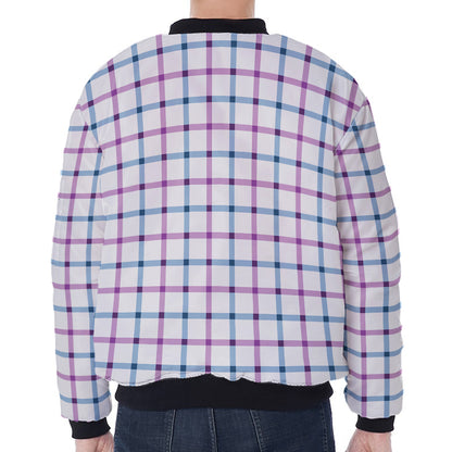 Blue And Purple Tattersall Pattern Print Zip Sleeve Bomber Jacket
