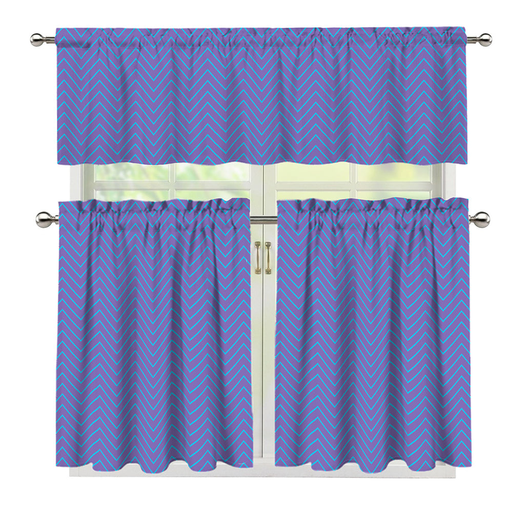 Blue And Purple Zigzag Pattern Print 3 Piece Kitchen Curtains