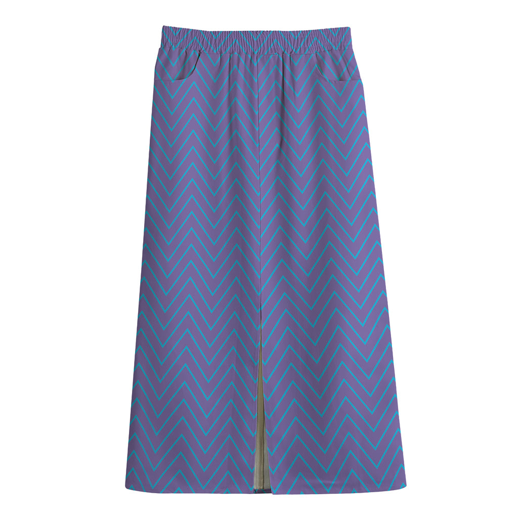 Blue And Purple Zigzag Pattern Print Cotton Front Slit Maxi Skirt