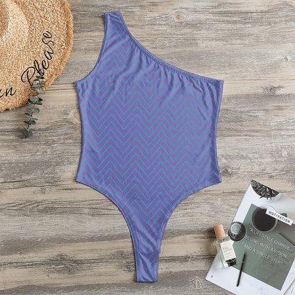Blue And Purple Zigzag Pattern Print One Shoulder Bodysuit