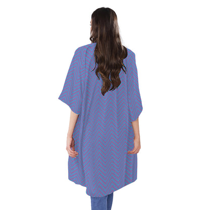 Blue And Purple Zigzag Pattern Print Open Front Beach Cover Up