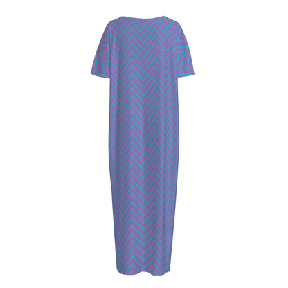 Blue And Purple Zigzag Pattern Print Short Sleeve Long Nightdress