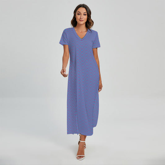Blue And Purple Zigzag Pattern Print Short Sleeve Maxi Dress