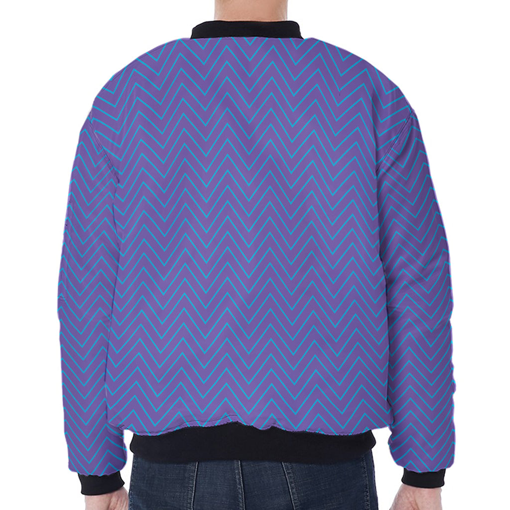 Blue And Purple Zigzag Pattern Print Zip Sleeve Bomber Jacket