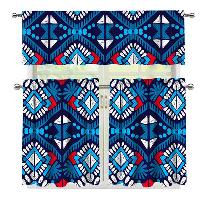 Blue And Red Aztec Pattern Print 3 Piece Kitchen Curtains