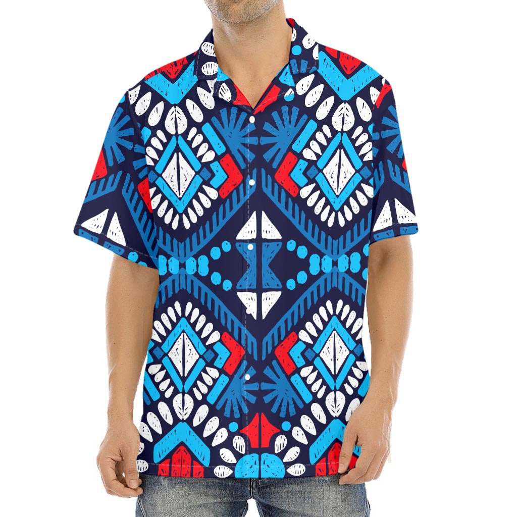 Blue And Red Aztec Pattern Print Aloha Shirt