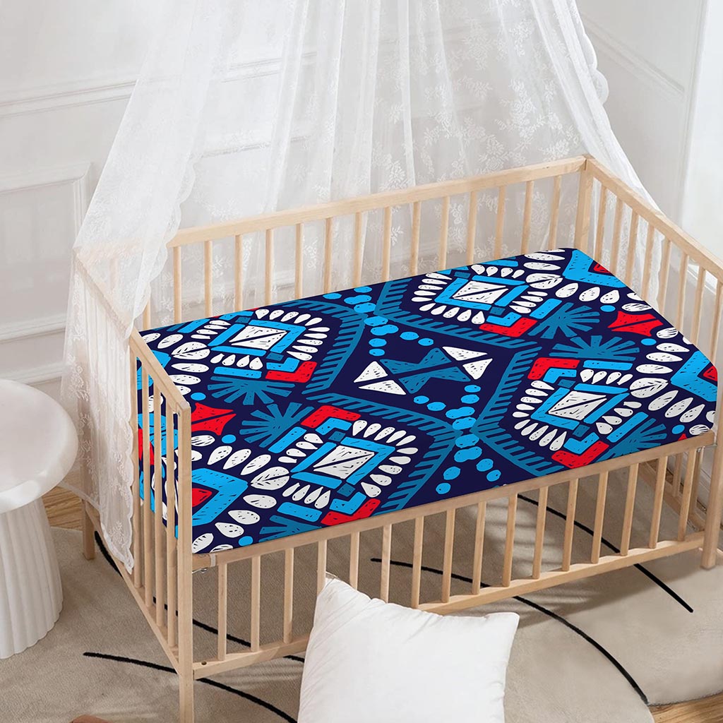 Blue And Red Aztec Pattern Print Baby Crib Sheet