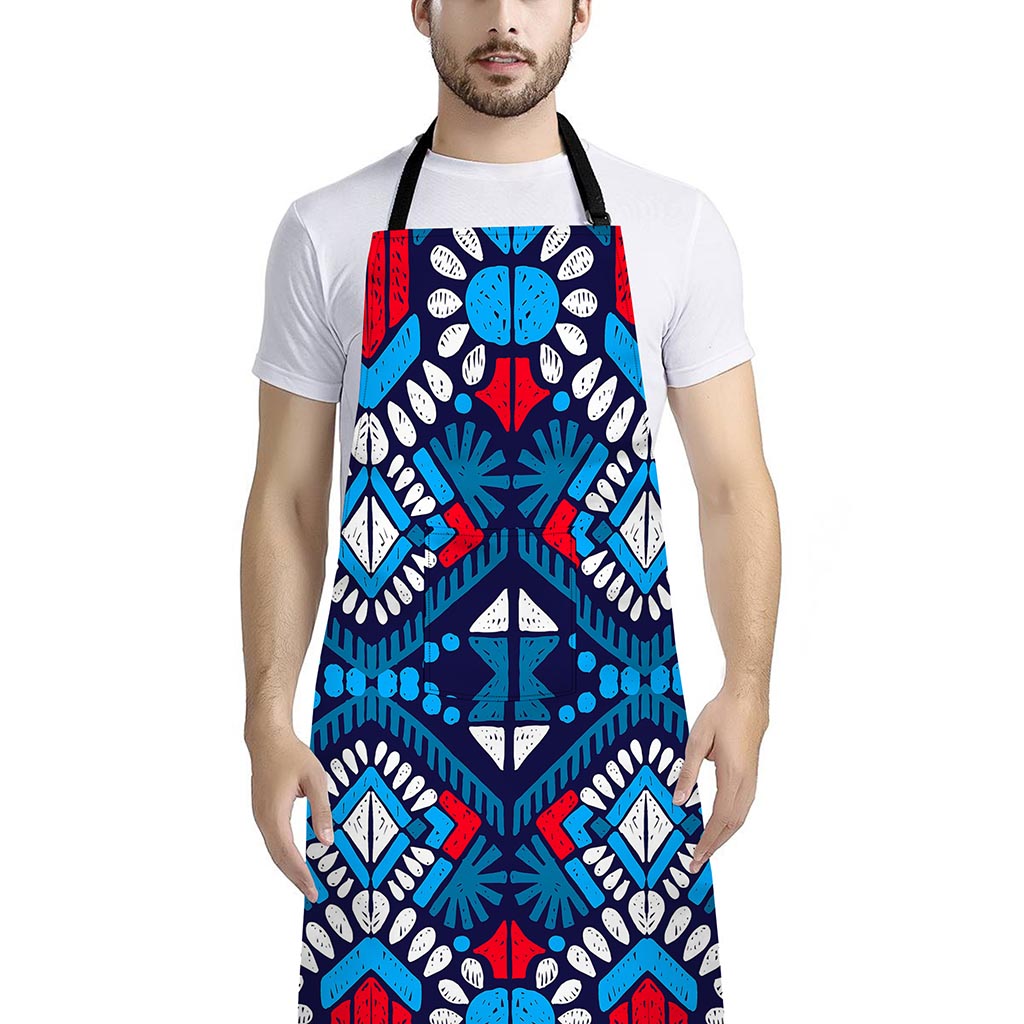 Blue And Red Aztec Pattern Print Bib Apron With Pocket