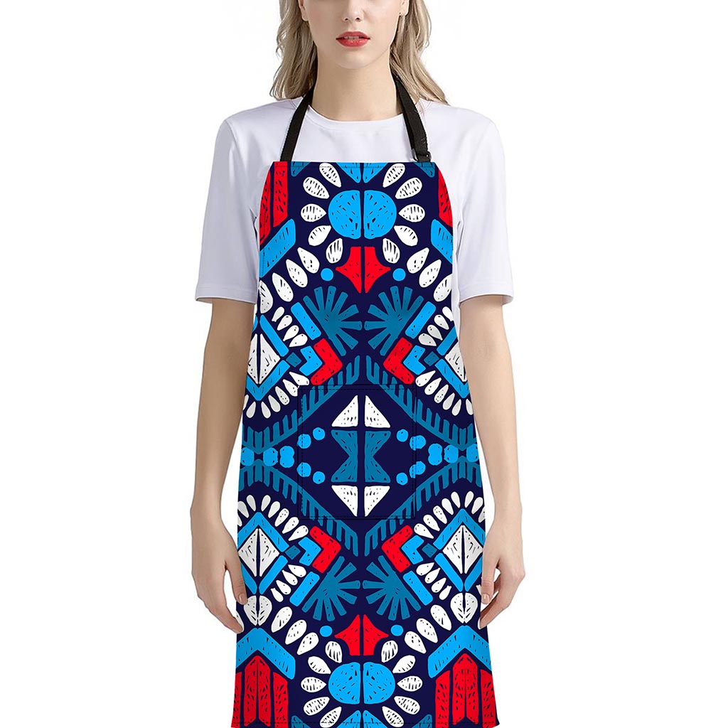 Blue And Red Aztec Pattern Print Bib Apron With Pocket