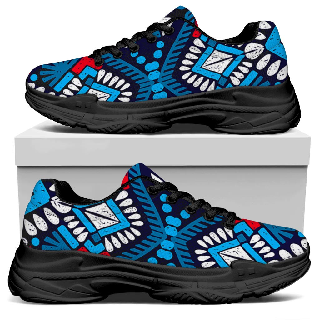 Blue And Red Aztec Pattern Print Black Chunky Shoes