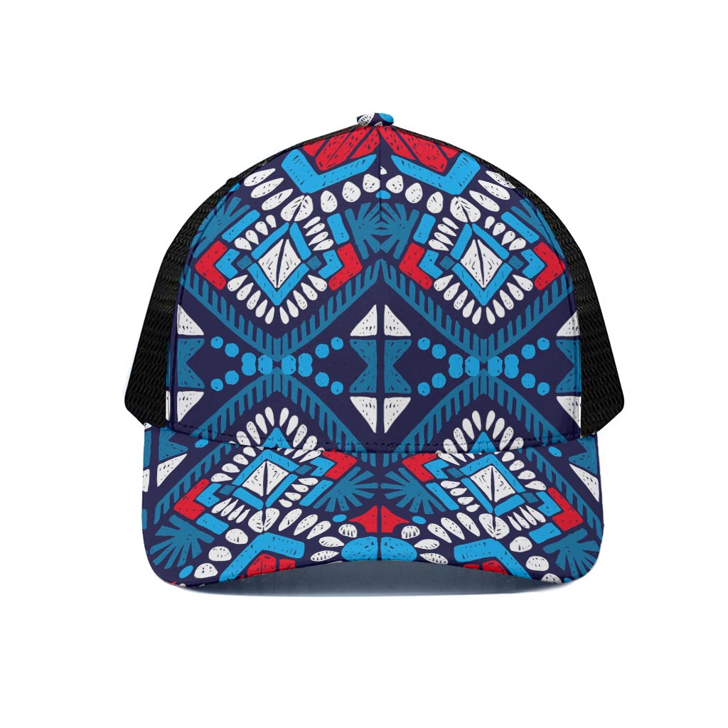 Blue And Red Aztec Pattern Print Black Mesh Trucker Cap