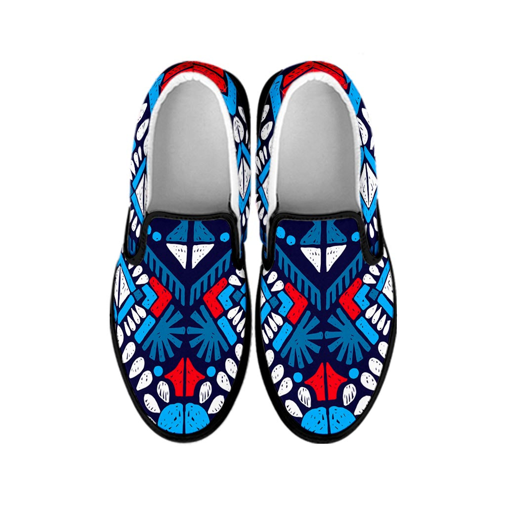 Blue And Red Aztec Pattern Print Black Slip On Sneakers