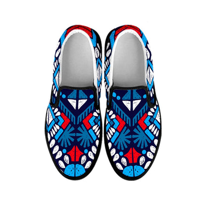 Blue And Red Aztec Pattern Print Black Slip On Sneakers