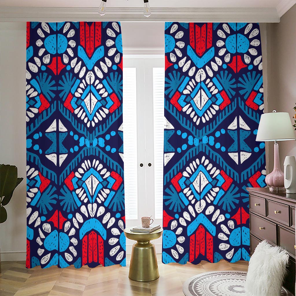 Blue And Red Aztec Pattern Print Blackout Pencil Pleat Curtains