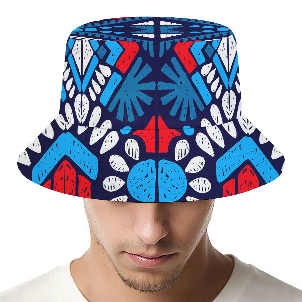 Blue And Red Aztec Pattern Print Bucket Hat