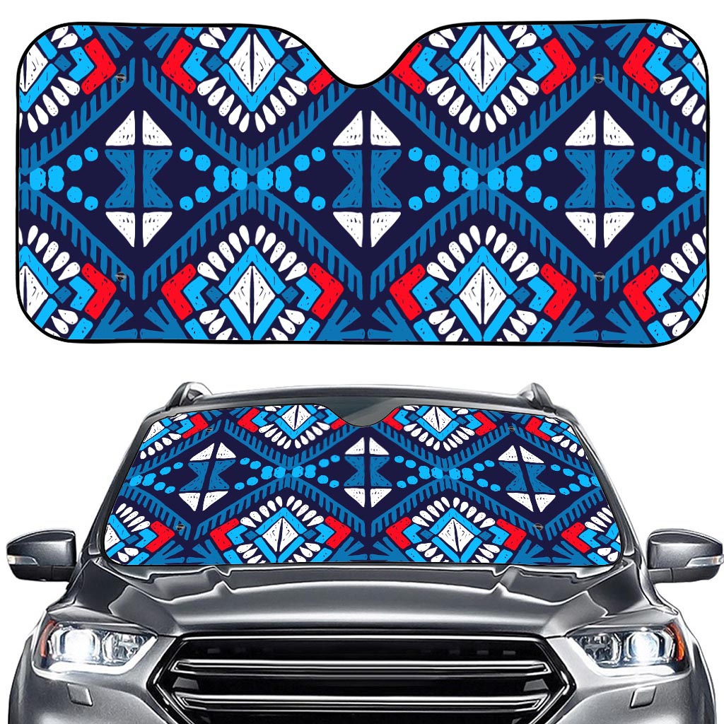 Blue And Red Aztec Pattern Print Car Windshield Sun Shade