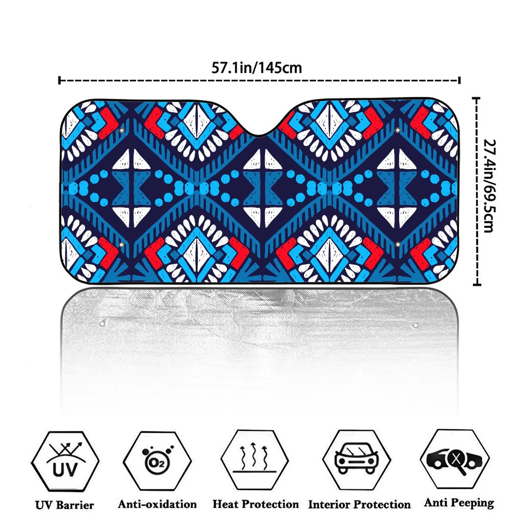 Blue And Red Aztec Pattern Print Car Windshield Sun Shade