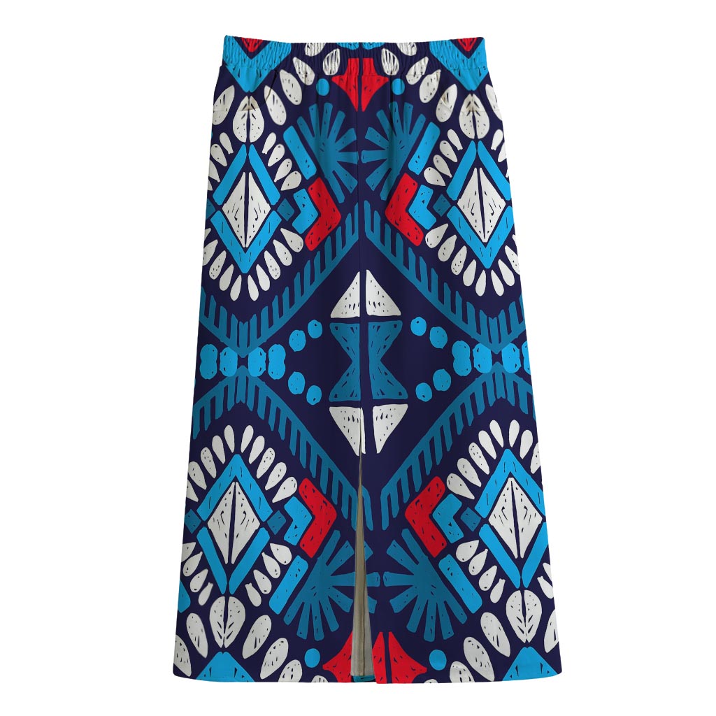 Blue And Red Aztec Pattern Print Cotton Front Slit Maxi Skirt