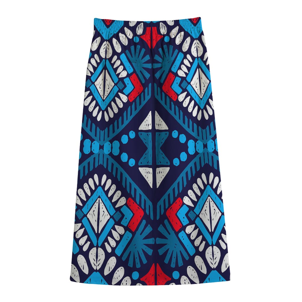 Blue And Red Aztec Pattern Print Cotton Front Slit Maxi Skirt