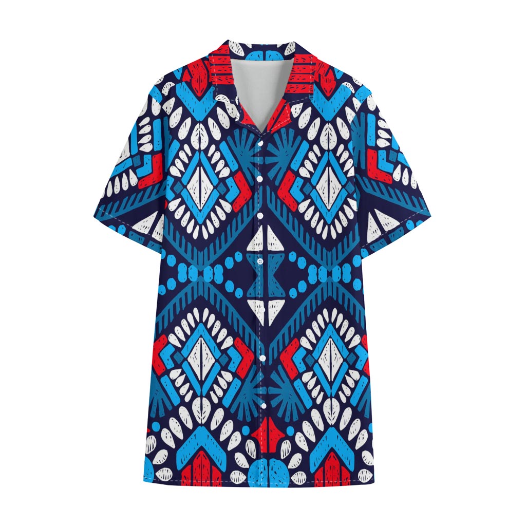 Blue And Red Aztec Pattern Print Cotton Hawaiian Shirt