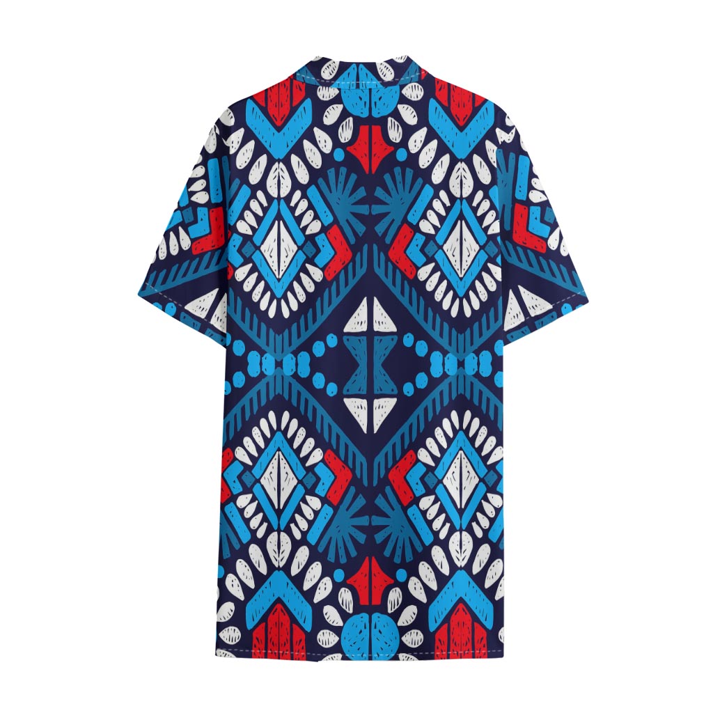 Blue And Red Aztec Pattern Print Cotton Hawaiian Shirt