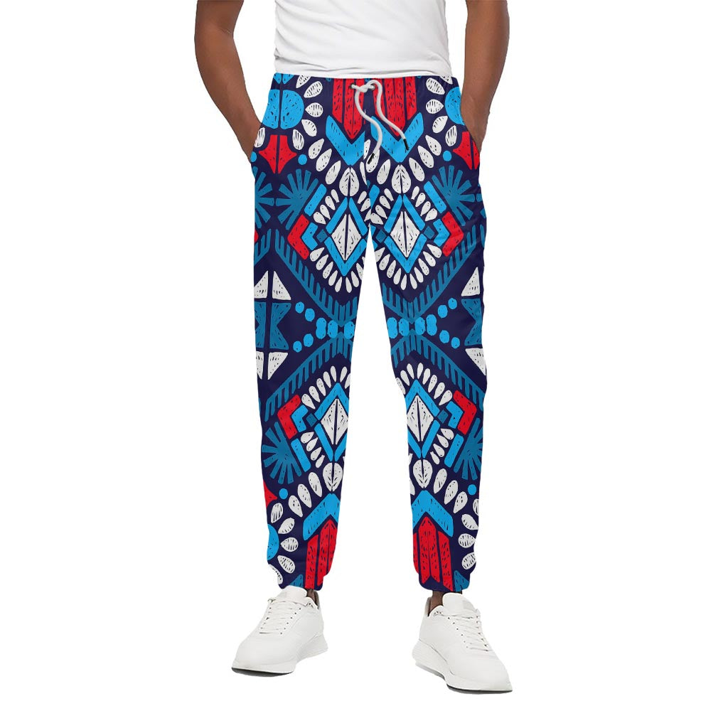 Blue And Red Aztec Pattern Print Cotton Pants