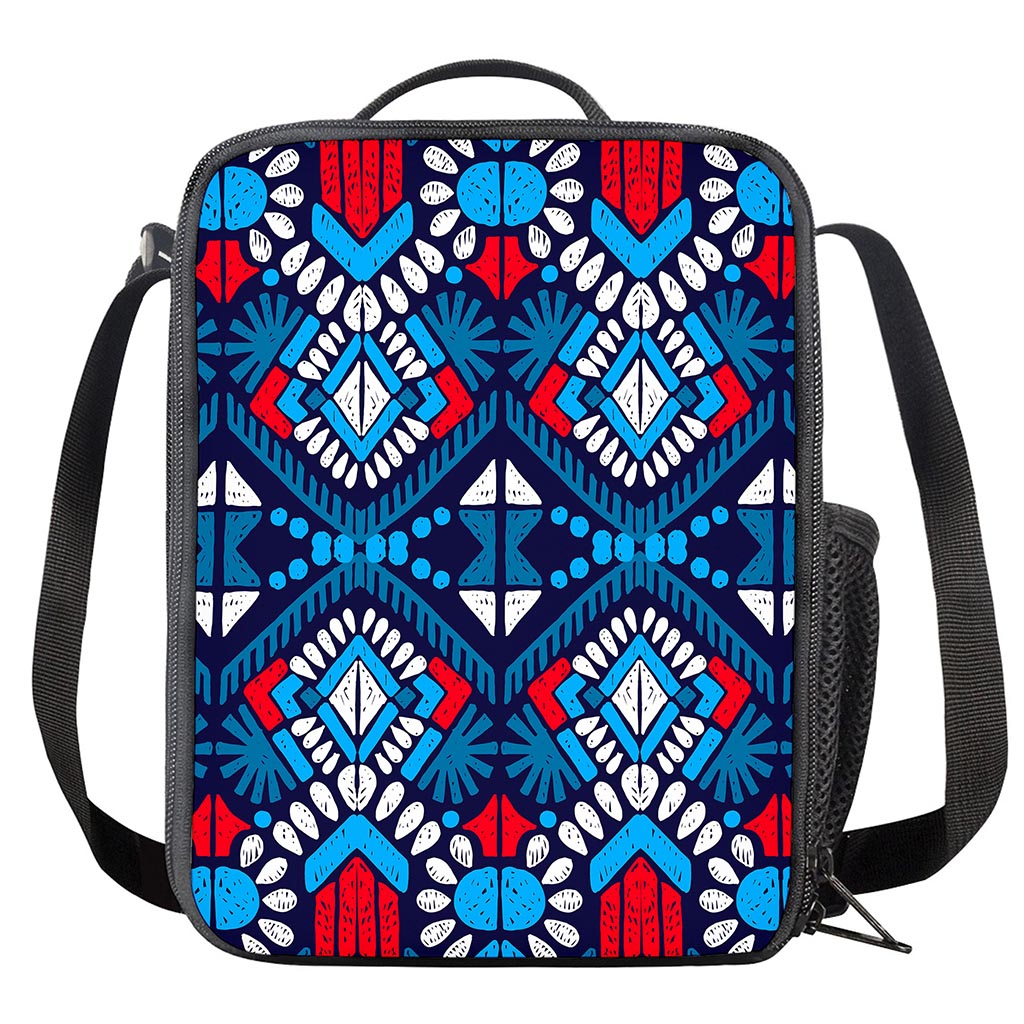 Blue And Red Aztec Pattern Print Crossbody Lunch Bag