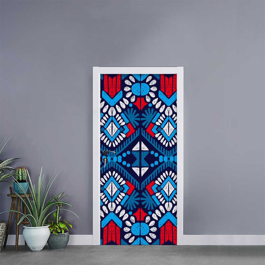 Blue And Red Aztec Pattern Print Door Sticker