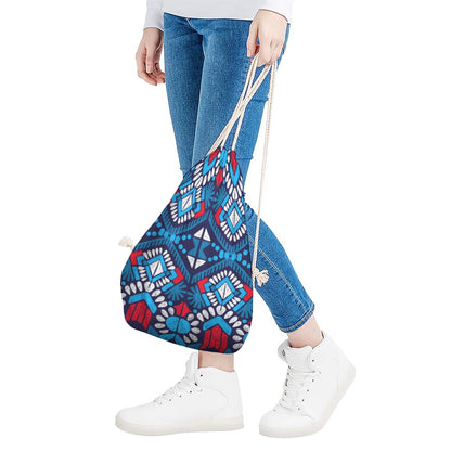 Blue And Red Aztec Pattern Print Drawstring Bag