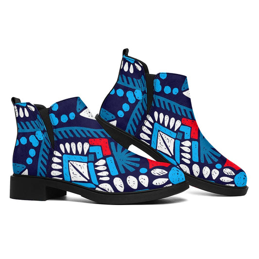 Blue And Red Aztec Pattern Print Flat Ankle Boots