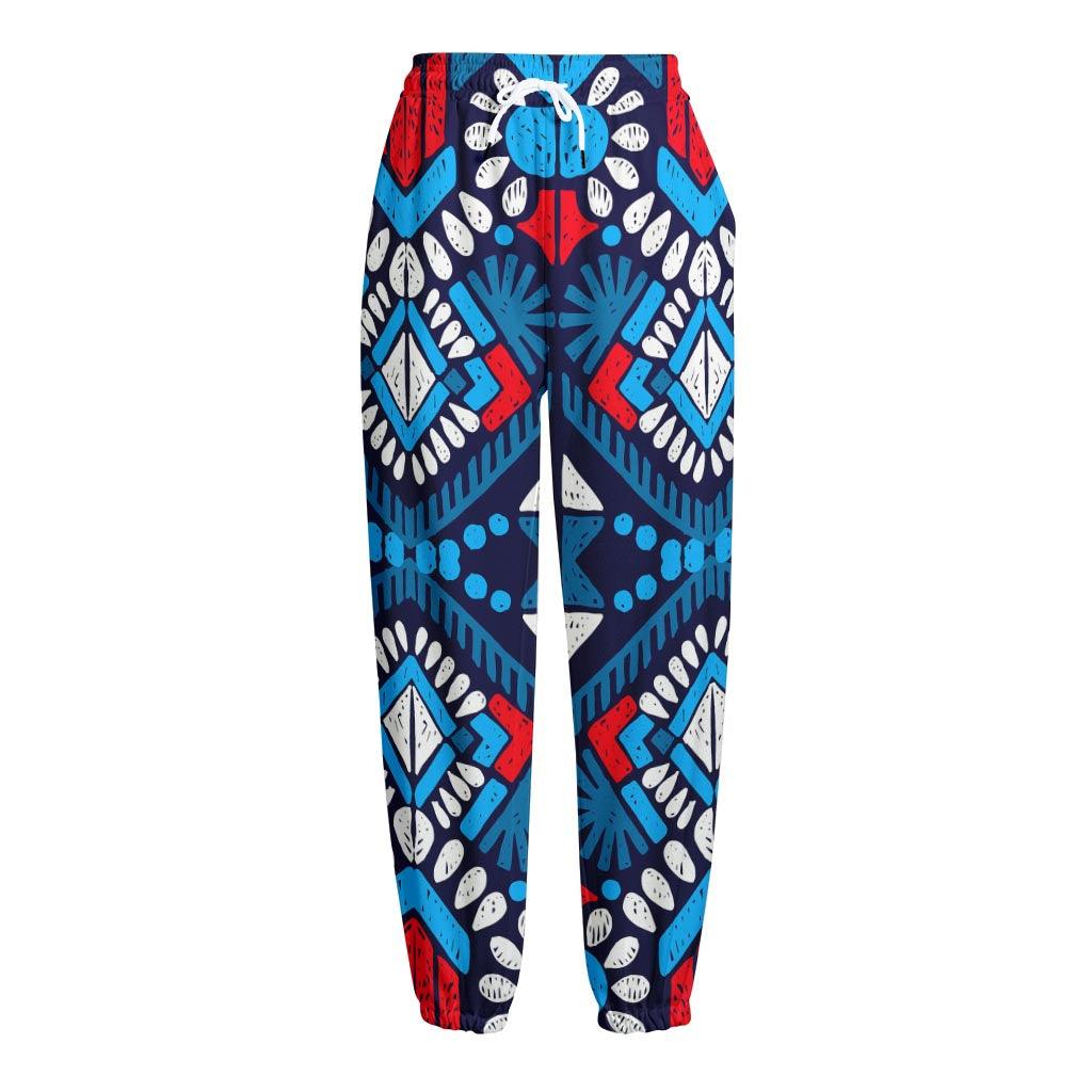 Blue And Red Aztec Pattern Print Fleece Lined Knit Pants