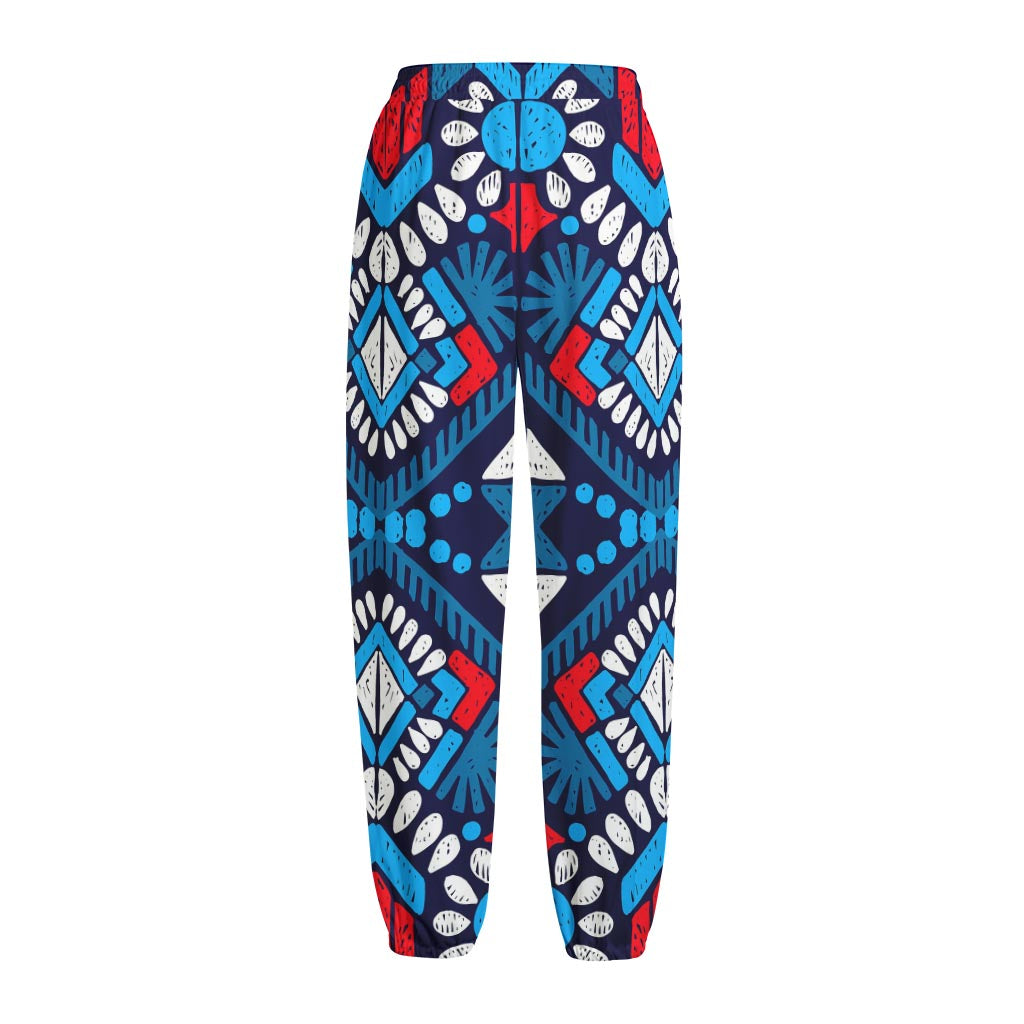 Blue And Red Aztec Pattern Print Fleece Lined Knit Pants