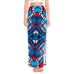 Blue And Red Aztec Pattern Print High Slit Maxi Skirt